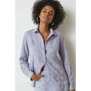 Anthropologie Button Down Embroidered Floral Shirt Cotton Western Boho Blue XXS